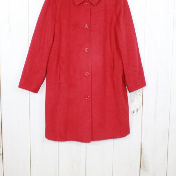 LL Bean Red Wool Blend Lined Button Down Collared Long Coat Jacket - Picture 3 of 9